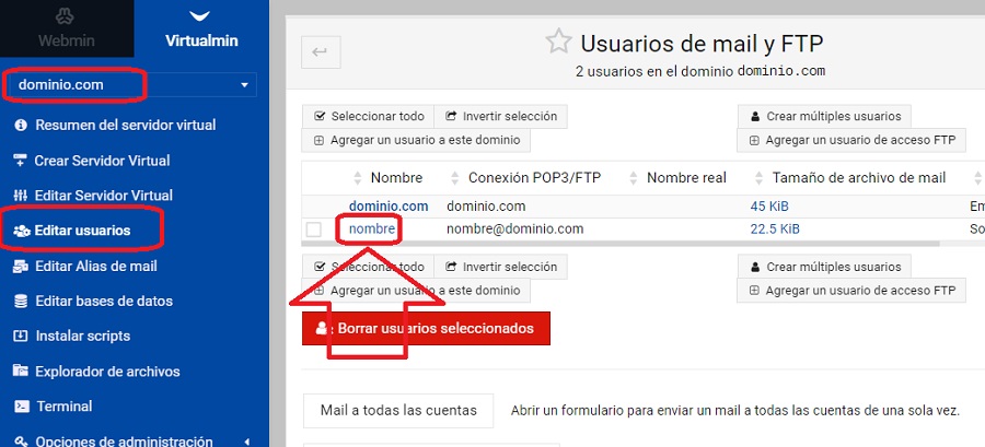 Modificar la contraseña de Email en Virtualmin 1